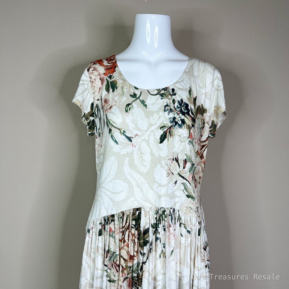 Peruvian Connection | Antique Floral Print Short Sleeve Soft Cream Midi Dress M - Picture 3 of 10